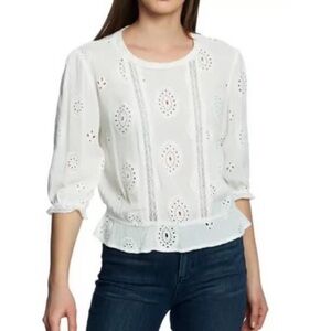1. State Lace Eyelet Embroidered Floral White 3/4 Sleeve Blouse - Size Medium